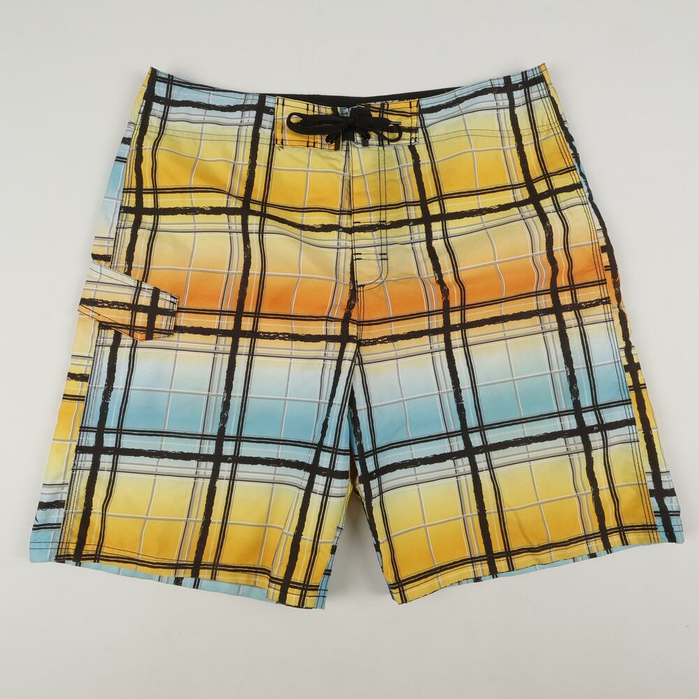 Kanu Mens 36 Swim Surf Board Shorts Trunks Yellow Orange Blue Plaid Performance